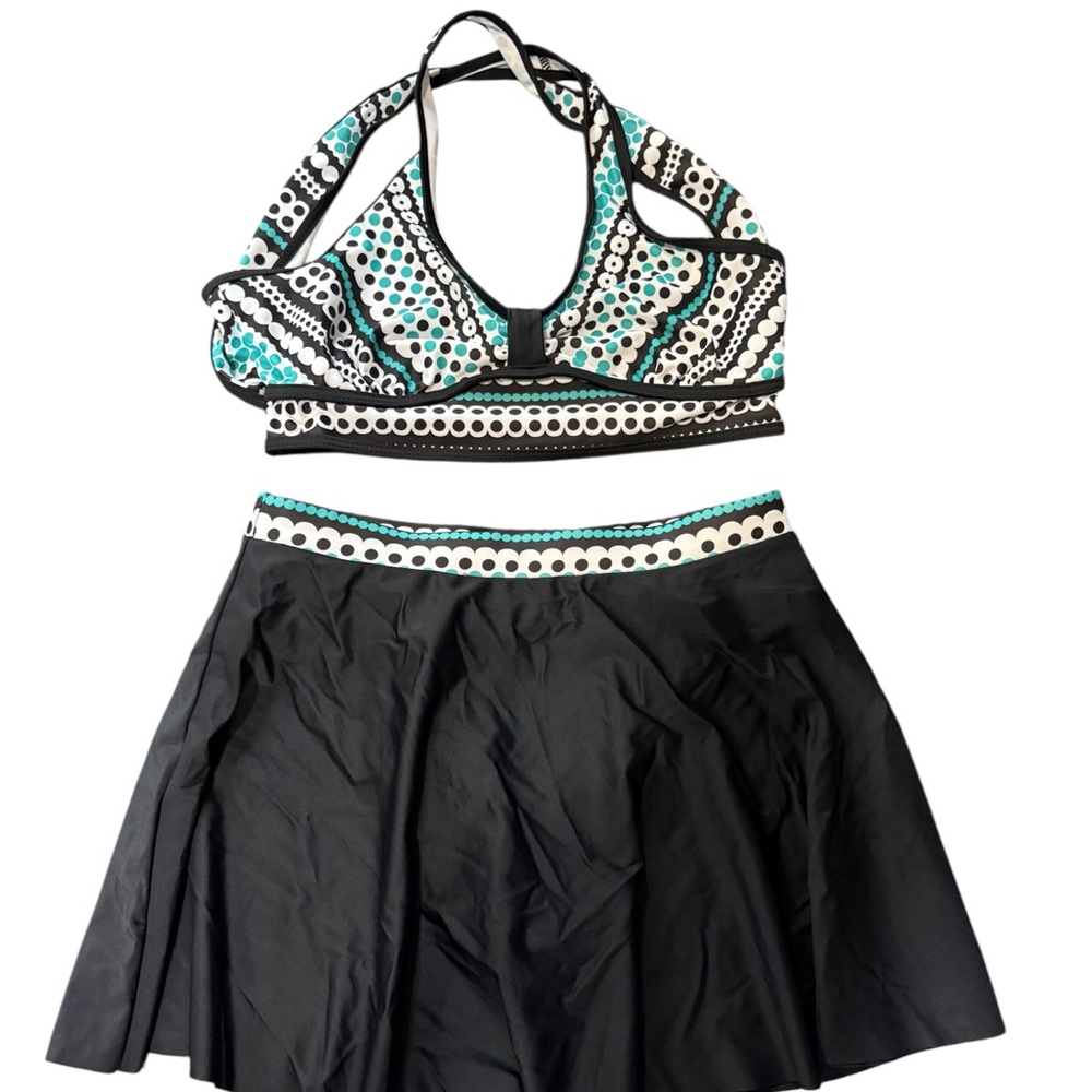 Black & Aqua Patterned Women’s Bikini Set with Skirt Bottoms. Size M
